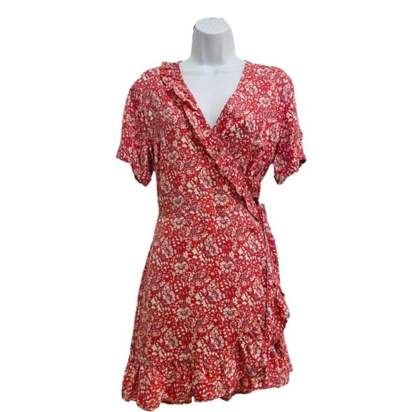 The Drop Women's Standard Red Print Ruffle Wrap Micro Mini Dress - Picture 2 of 5